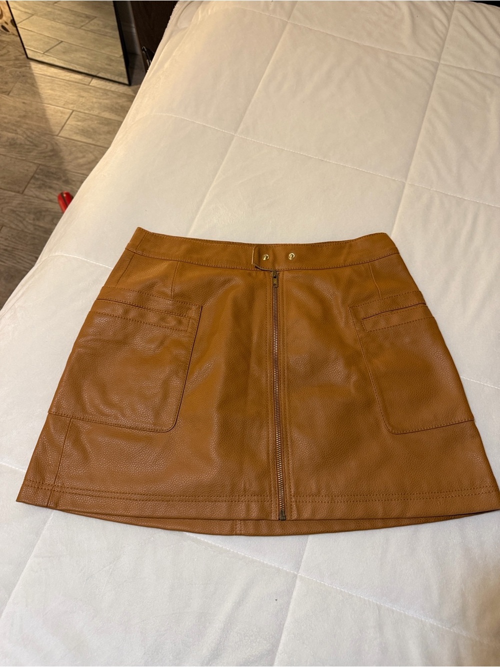 Free People Cognac Faux Leather A-Line Mini Skirt with Front Zip